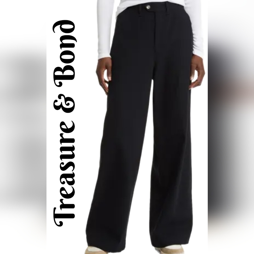 Treasure & Bond All Cotton Black Wide-Leg Pants Sz S Twill Casual Comfort